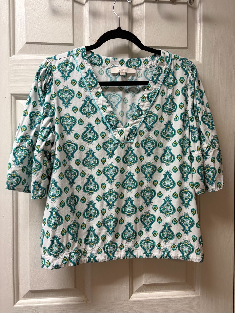 LOFT Teal & Green Printed V-Neck Blouse
